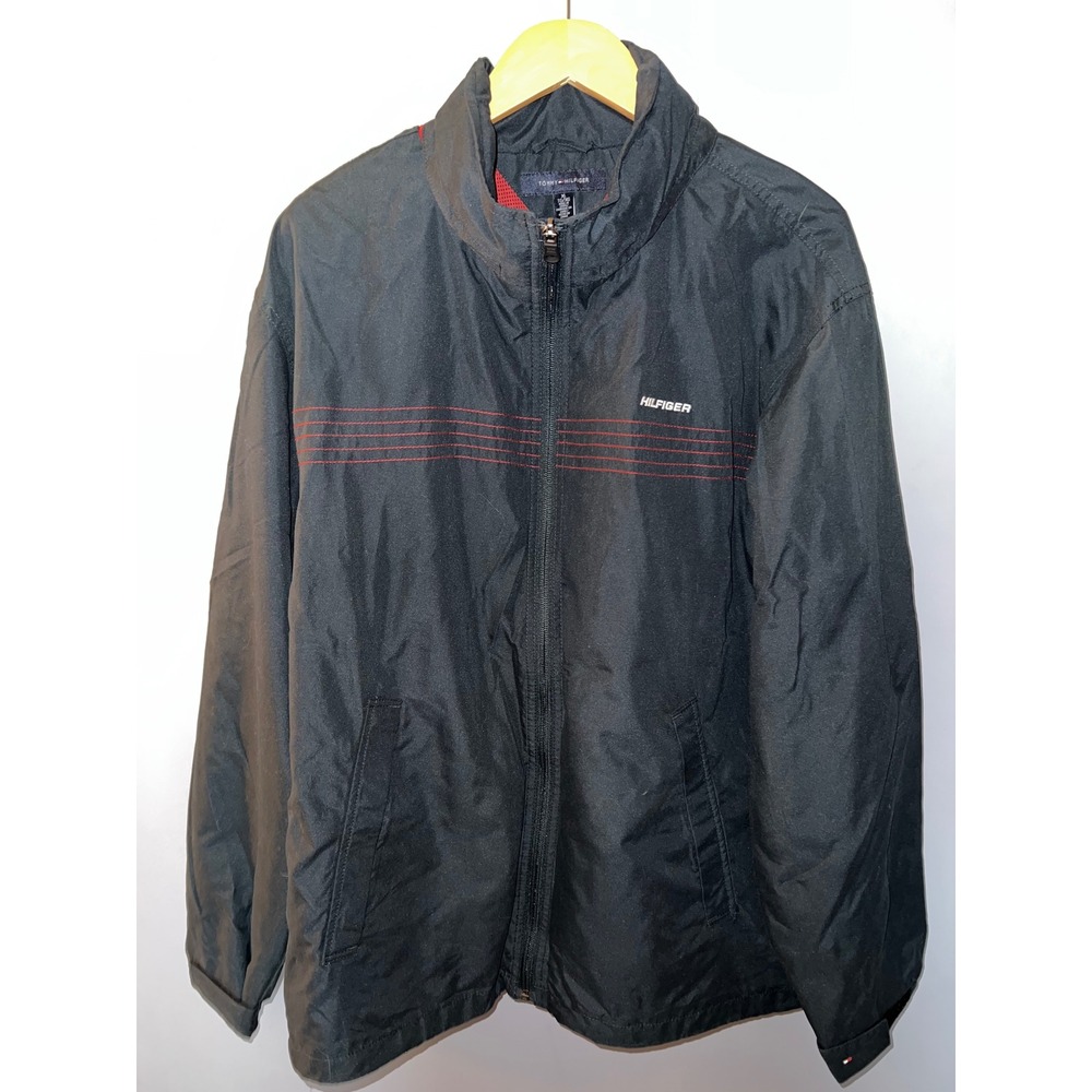 Tommy Hilfiger XL Black Windbreaker Jacket Red Mesh Lining Full Zip Pinstripe